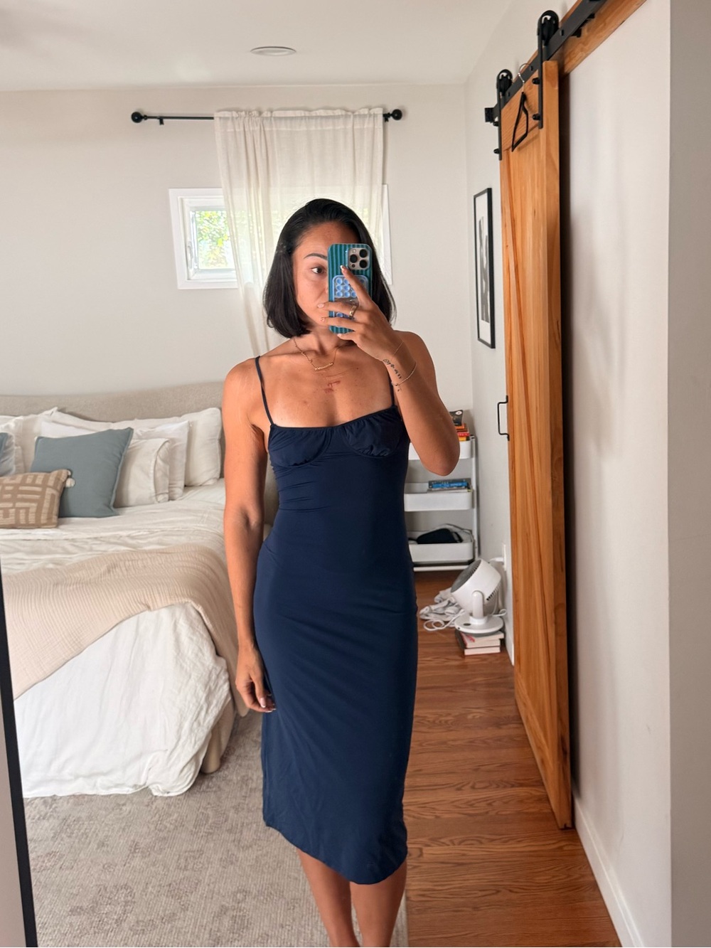 DANIELLE BERNSTEIN Navy Midi Slip Dress with Thin Straps